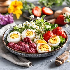 Delicious Spring Salad with Boiled Eggs, Strawberries and Herbs