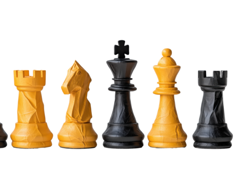 Modern Chess Pieces on White Background: Strategic Game Elements in Black and Yellow