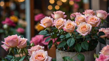 Elegant Blooming Soft Pink Roses Flowers in Front of a Storefront