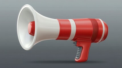 Red and white megaphone with a pistol grip against a gray background. The megaphone is shown in profile view. The design is slightly pixelated.