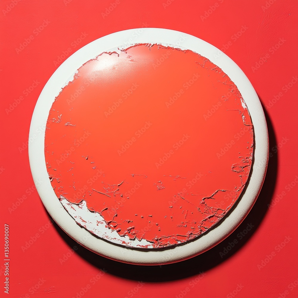 Poster close up view of a circular, red object with a slightly worn, textured surface against a solid red b