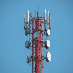 Close up view of a tall, red communication tower against a clear blue sky. Multiple satellite dishes and antennas are attached to the tower.