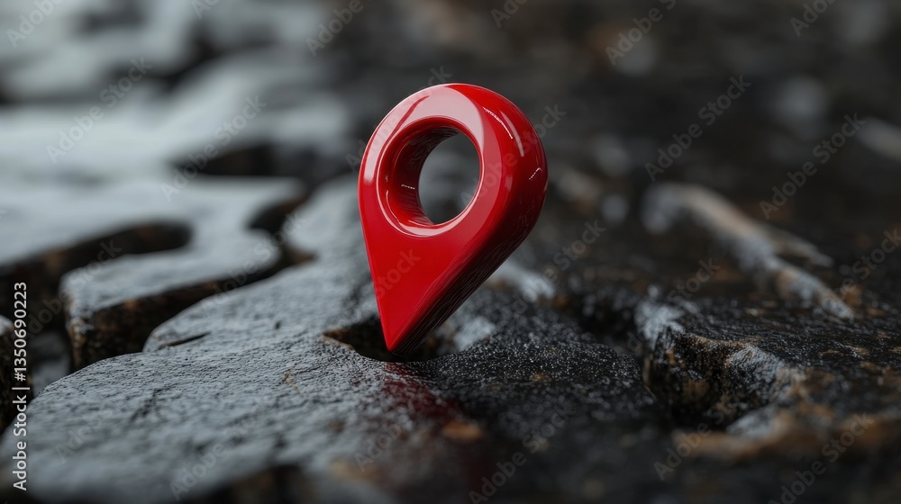 Poster red glossy map marker pin on dark textured surface, 3d render.