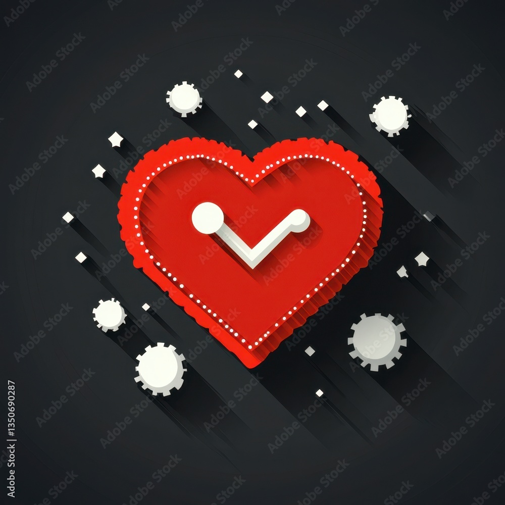 Poster red heart with a white checkmark surrounded by small white circles on a dark gray background. long s
