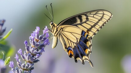 Fototapeta premium Close-Up of a Yellow Butterfly Resting on a Lavender Flower in a Natural Garden Setting