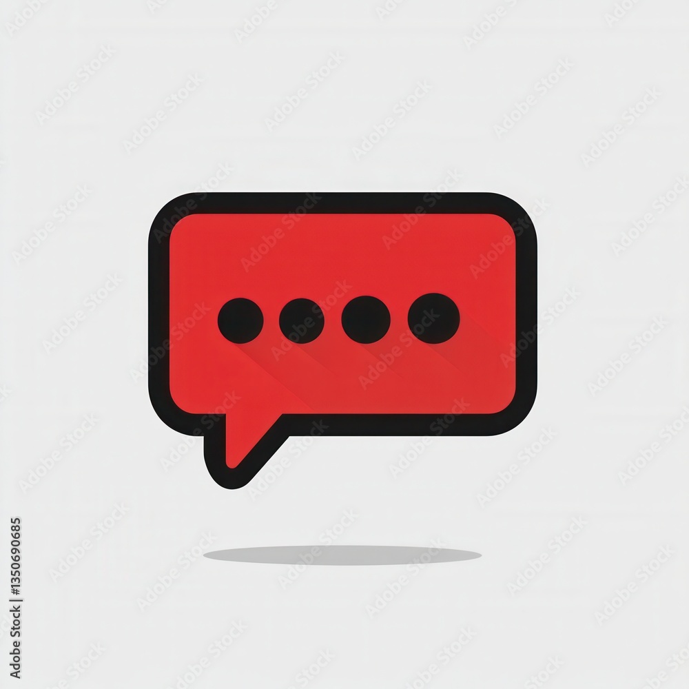 Poster red rectangular speech bubble with black ellipses and a drop shadow on a light gray background. simp