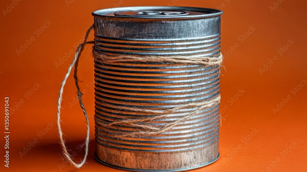 Poster silver tin can with twine wrapped around it against an orange background. rustic and simple diy comm