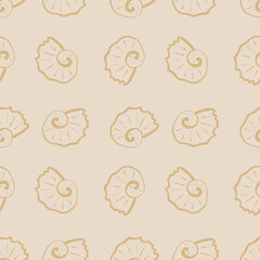 Hand drawn sea shells beige seamless pattern in doodle sketchy style on sandy background. Line art sea shell vector background