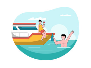 People party on yacht illustration. Yacht illustration. Flat vector illustration concept.