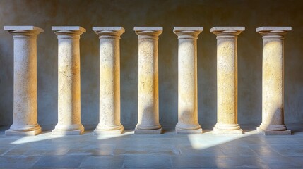 Fototapeta premium Seven light beige stone columns stand in a row against a textured tan wall, illuminated by sunlight streaming from a window, casting shadows on the floor.