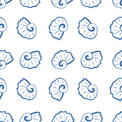 Hand drawn sea shells blue seamless pattern in doodle sketchy style on white background. Line art sea shell vector background