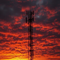 Fototapeta premium Silhouette of a tall communication tower against a vibrant red and orange sunset sky. Fiery clouds fill the frame.