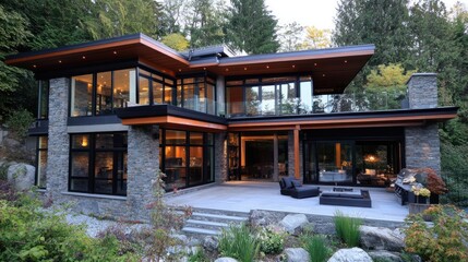 Modern luxury home nestled in a lush forest setting, featuring expansive windows, stone exterior, and a spacious patio.