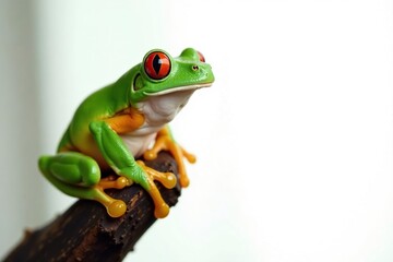 Naklejka premium Green tree frog perched on white, vibrant color , nature, jump