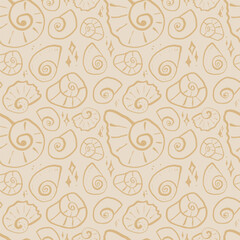Hand drawn sea shells with sparkles beige yellow sandy seamless pattern in doodle sketchy style on white background. Line art sea shell vector background