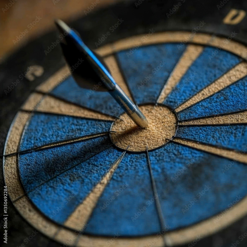 Poster close up view of a dart hitting the bullseye of a dark blue and gold dartboard. the dart is silver w