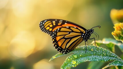 Close Up of a Monarch Butterfly Perched on a Green Leaf with Soft Bokeh Background