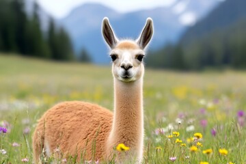 Obraz premium Llama resting in a meadow full of colorful wildflowers