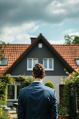 Real estate agent in front of a detached house on a sunny day