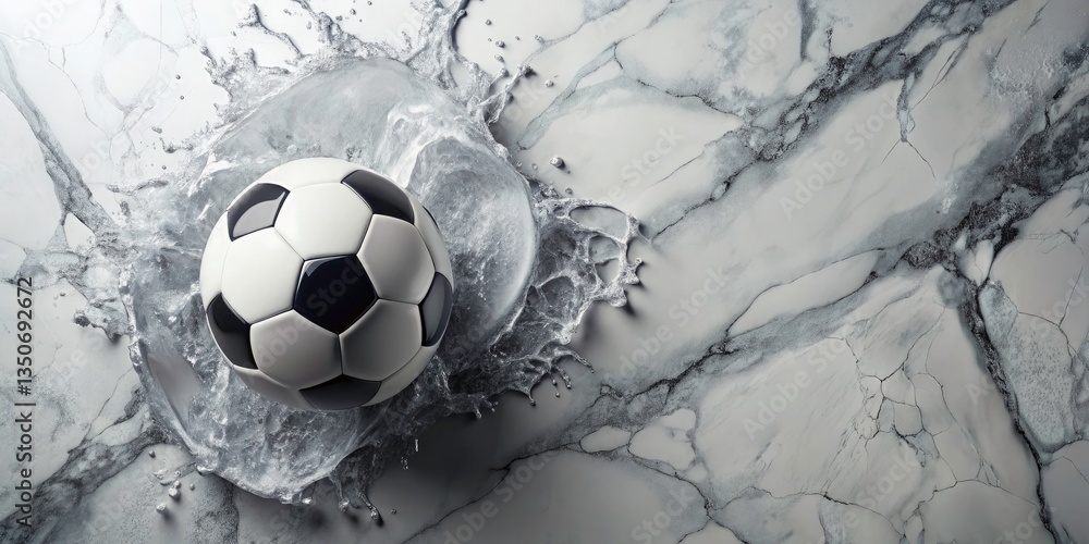 Poster aerial view of soccer ball on marble surface with leading lines and splash effect for creative copy 