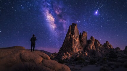 Fototapeta premium Stargazer Observing Milky Way and Meteor Shower over Rock Formation