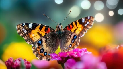 Close Up of Vibrant Butterfly on Colorful Flowers in a Lush Garden Setting Filled with Soft Bokeh