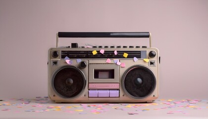 Fototapeta premium Summer and boombox: Retro boombox covered in colorful stickers, summer aesthetic.