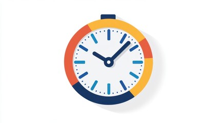 A stylized clock face design with segmented color sections in orange, blue, and dark blue, set against a white background with a subtle drop shadow.