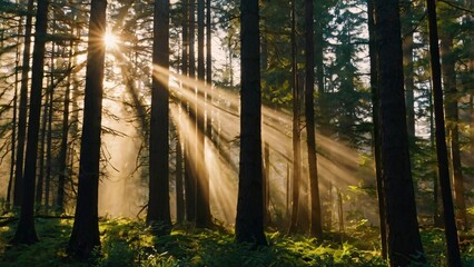 morning sun rays through the forest