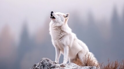 Naklejka premium Majestic white wolf howling on a rock, amidst a misty forest