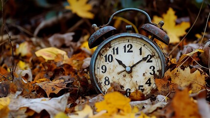 Vintage Alarm Clock Autumn Leaves Seasonal Change