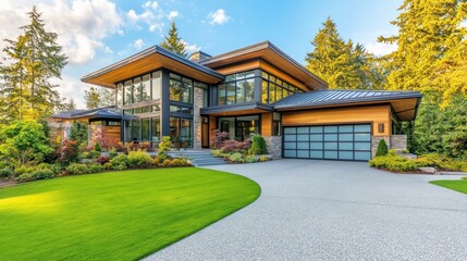 Obraz premium Modern luxury home with landscaped yard and driveway.