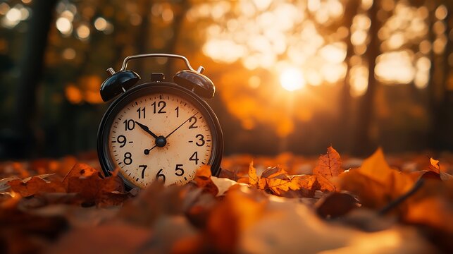 Vintage Alarm Clock Autumn Leaves Sunset Background