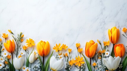 Pastel Floral Border with Spring Flowers on White Background