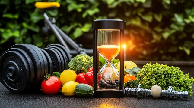Healthy lifestyle choices: vibrant fruits, vegetables, weights, and an hourglass symbolize the time invested in fitness and nutrition, bathed in warm sunset light.