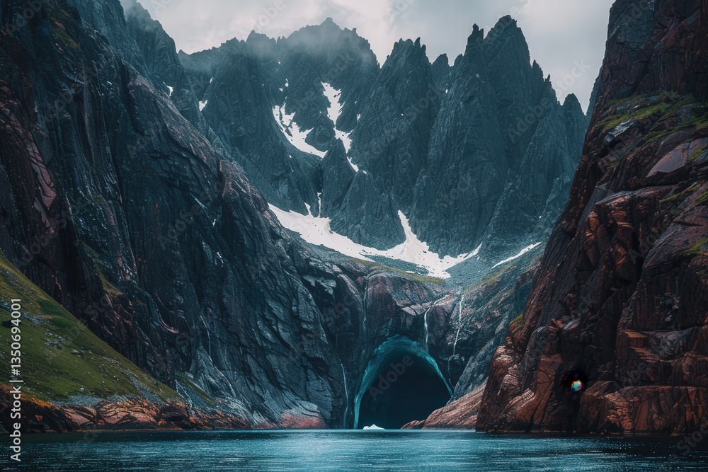 Poster a mountain range with a large cave in the middle
