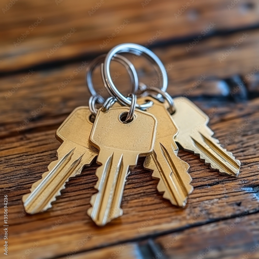 Poster close up view of three brass keys on a rustic wooden surface. the keys are attached to a silver key 