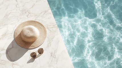 A sun hat and sunglasses resting on a marble surface beside a shimmering blue swimming pool under bright sunlight