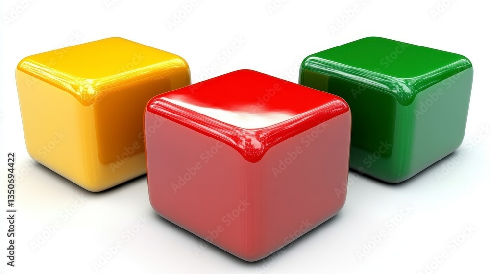 Poster three glossy cubes in red, yellow, and green are arranged on a white background. the cubes are posit