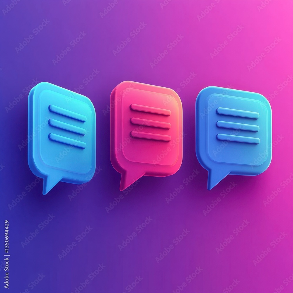 Poster three 3d rendered speech bubbles in blue, pink, and light blue on a gradient purple background. the 