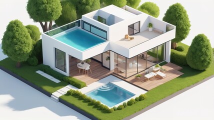 A small modern minimalist house isometric perspective, 3D model miniature