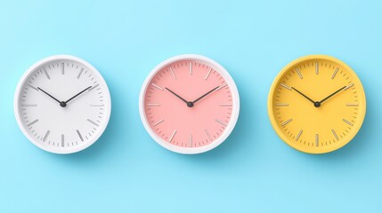 Three pastel colored clocks, white, pink and yellow, arranged on a light blue background. Minimalist design with clean lines and simple visuals.