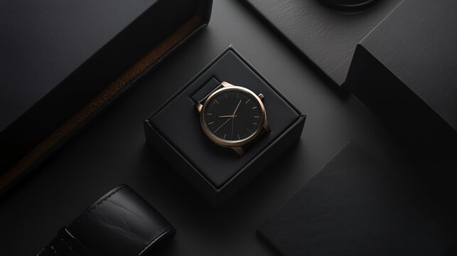 A rose gold watch in a black box on a dark background, with black packaging elements surrounding it, concept for luxury watch branding and packaging design