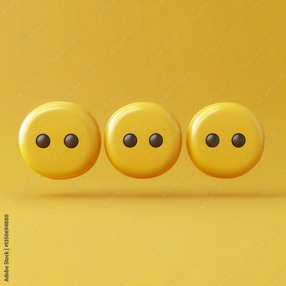 Poster three round, yellow buttons with two small black dots each, arranged horizontally against a solid ye
