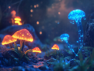 Magical glowing mushrooms in a mystical forest at night.