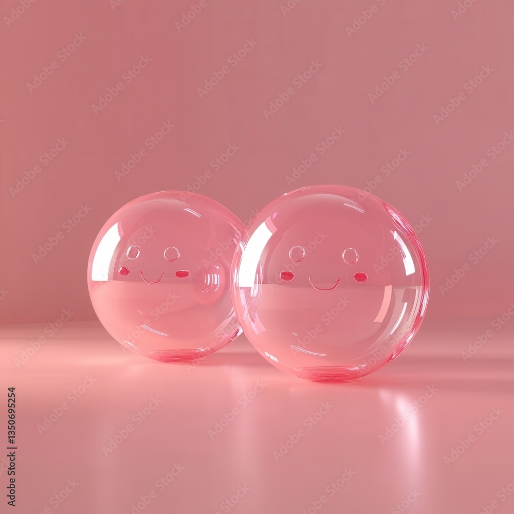 Poster two translucent pink spheres with simple smiling faces rest on a pale pink surface, illuminated by s