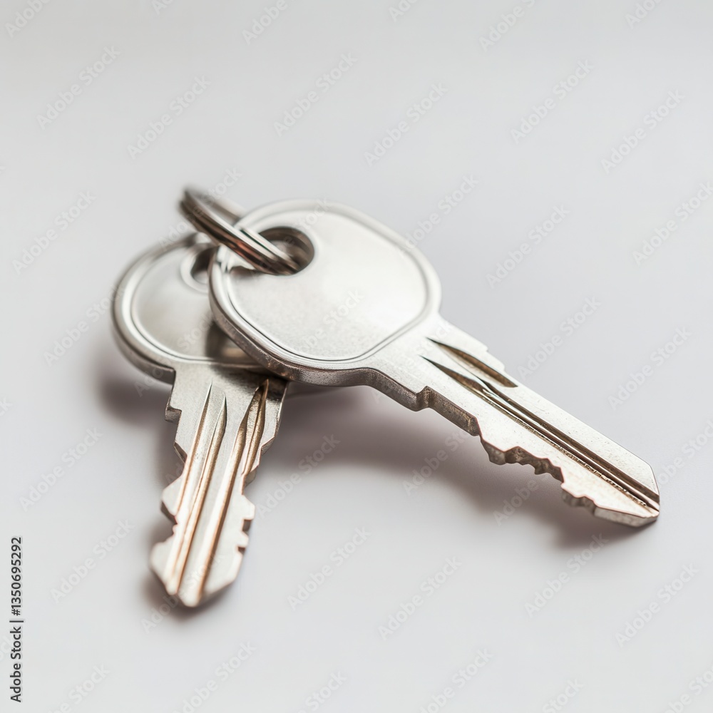 Poster close up of two silver keys on a white background. the keys are metallic and have a slight reflectio