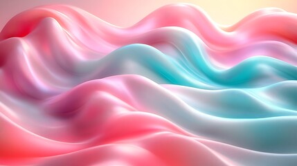 Obraz premium Silky smooth waves of pastel pink and turquoise blending gently, forming a soft and radiant abstract background with glowing reflections