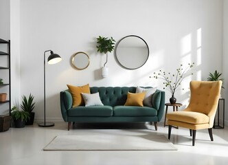 A green velvet sofa with white pillows in a yellow room with three round mirrors and two lamps 