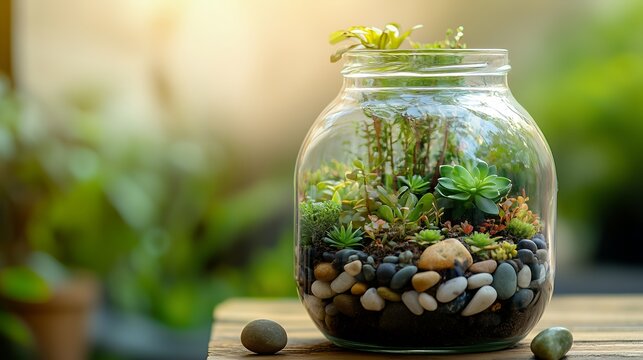 Miniature succulent garden in a glass jar on a rustic wooden surface, bathed in soft sunlight; concept for home decor, gardening, and terrarium design - Powered by Adobe